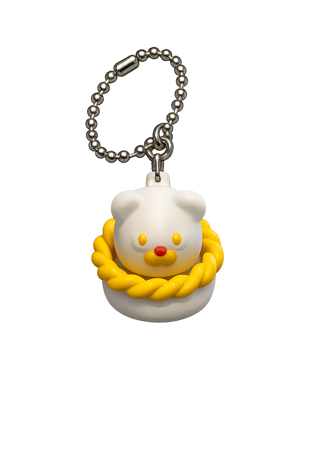Keychain with a white bear-like character wearing a yellow rope around its neck on a white background