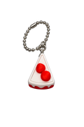 Keychain shaped like a slice of pizza with two red tomatoes on a white background