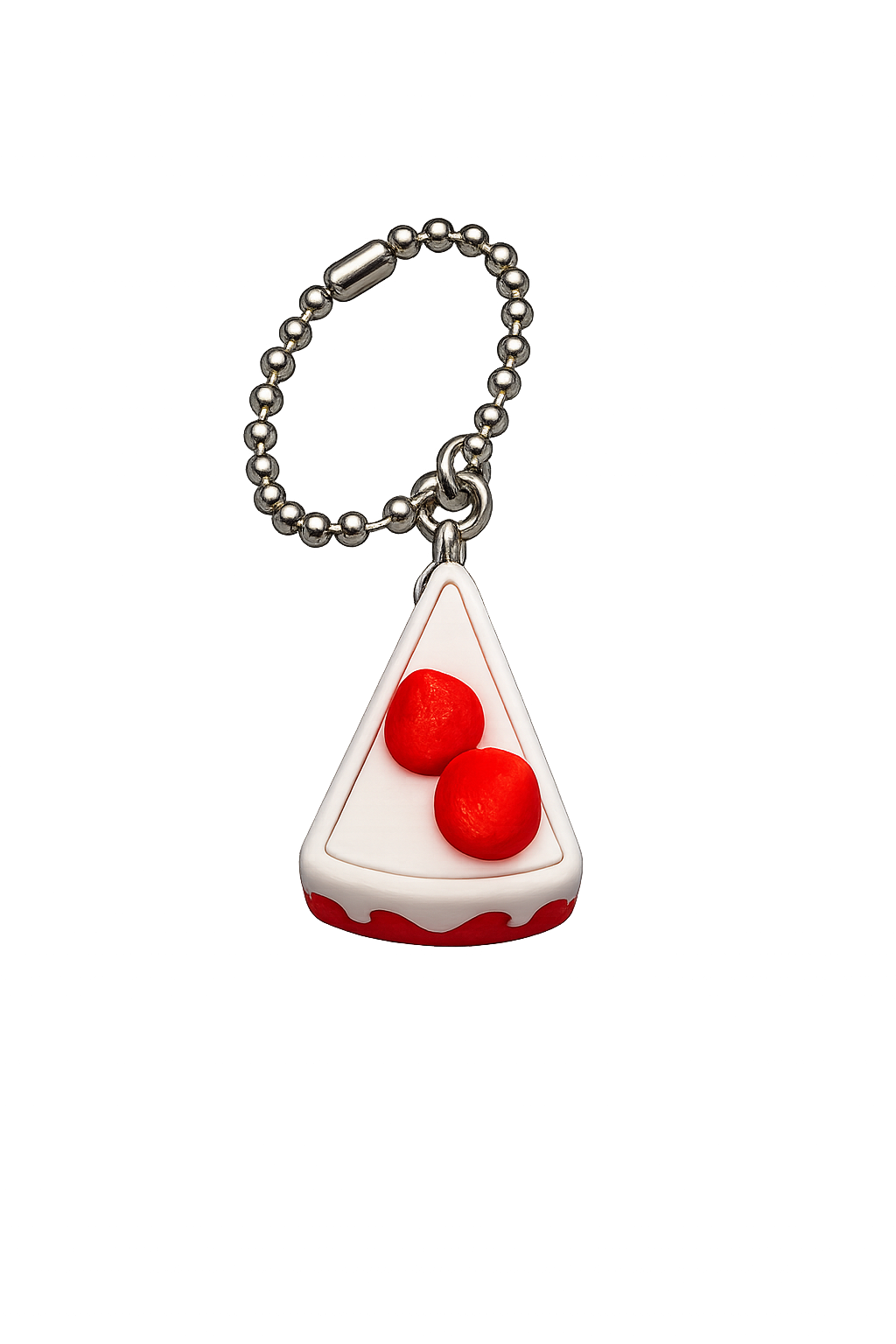 Keychain shaped like a slice of pizza with two red tomatoes on a white background