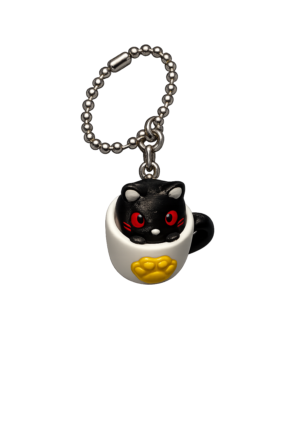 Black cat keychain with red eyes and yellow paw on a white background