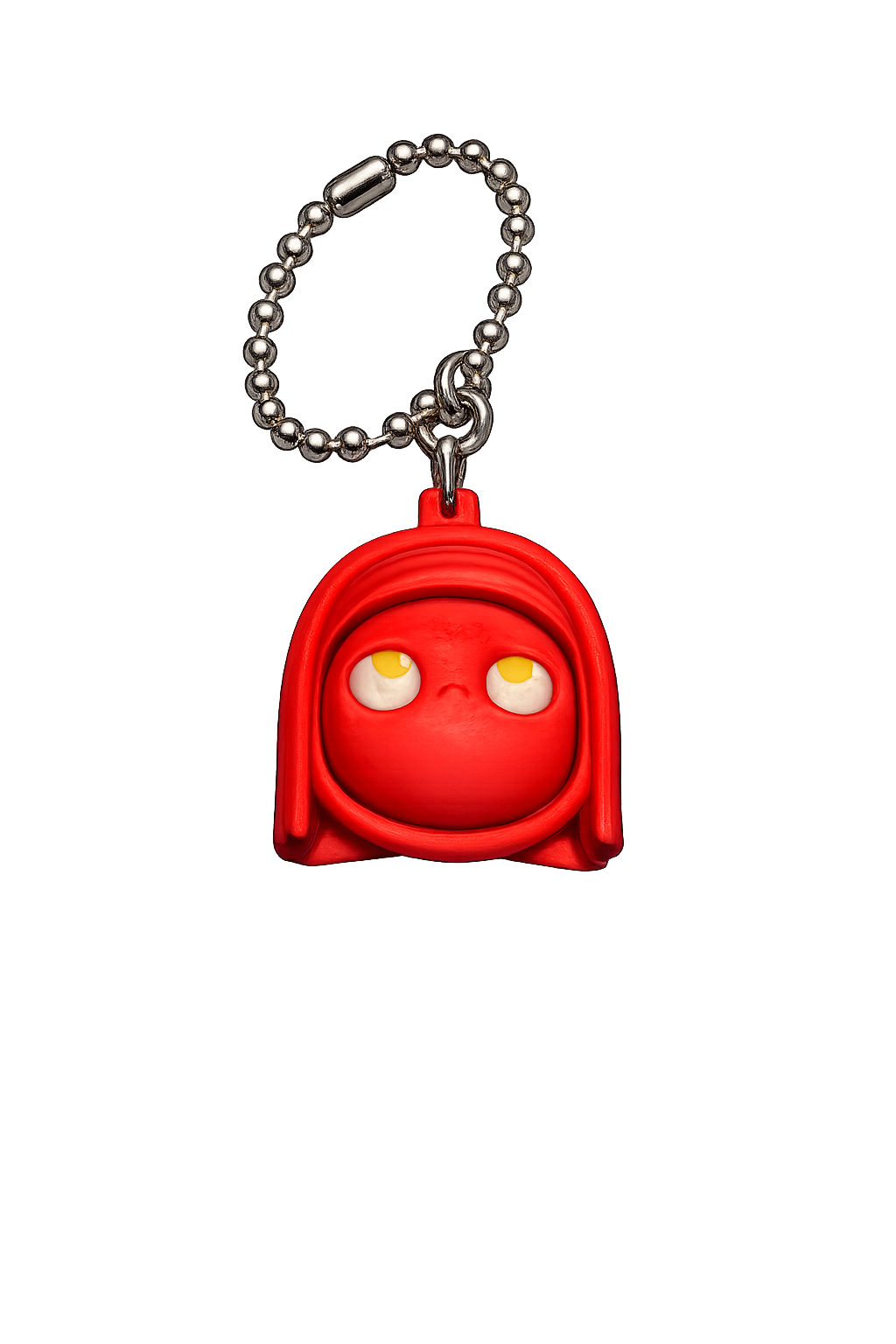 Red character keychain with a metal chain on a white background