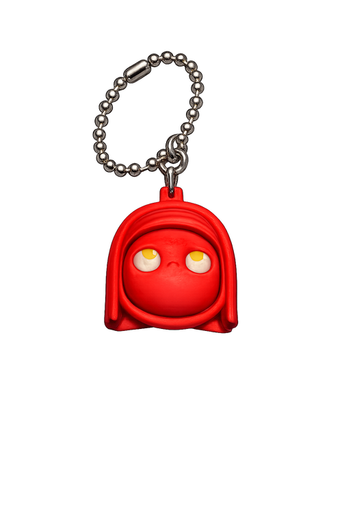 Red character keychain with a metal chain on a white background